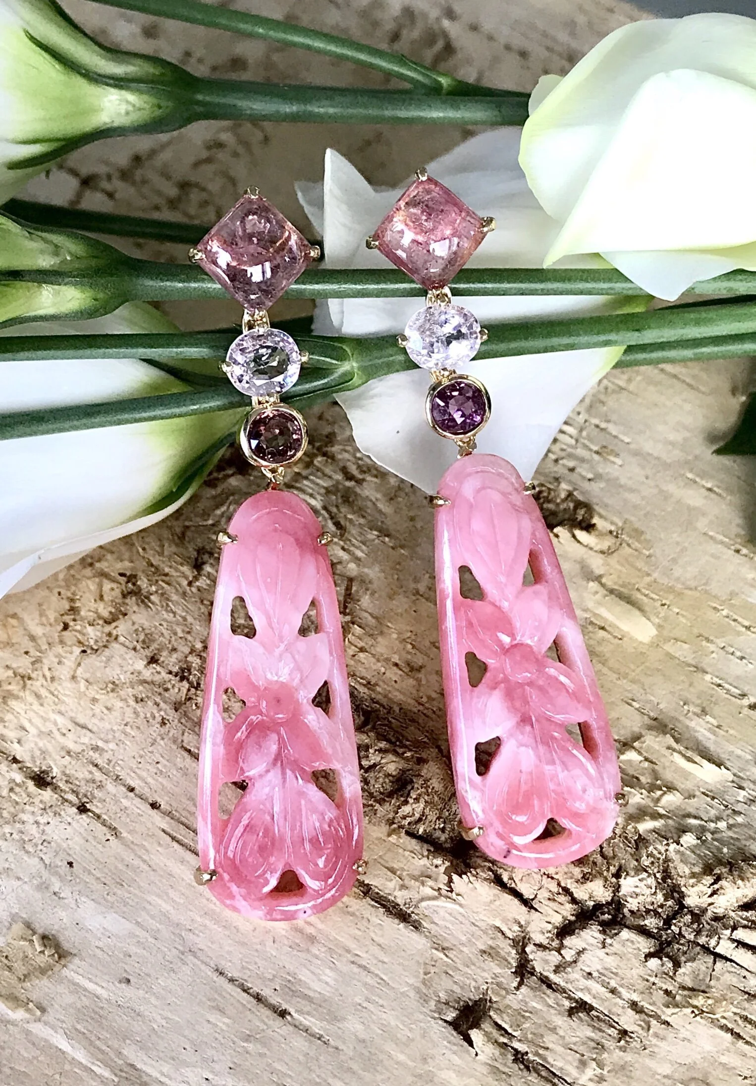 Carved Pink Opals, Sapphire and Tourmaline Earrings in 18K Gold